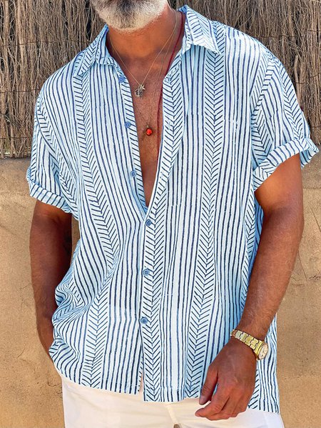 

Retro Striped Chest Pocket Short Sleeve Shirt, Blue, Men Shirts