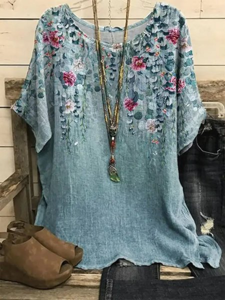 

Casual Crew Neck Loose Floral Shirt, Blue, Shirts & Blouses