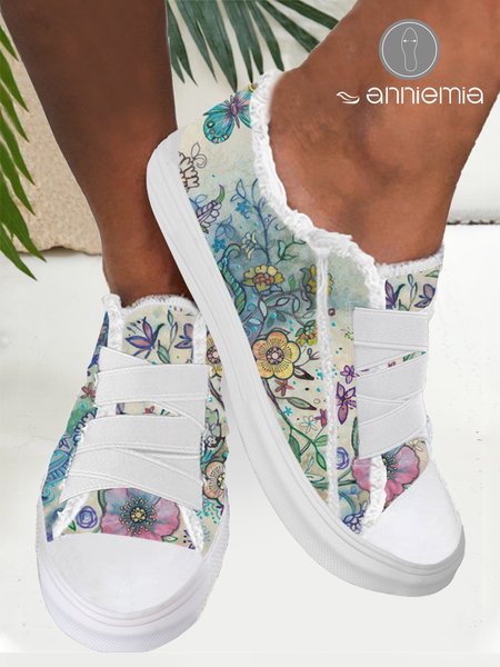 

Comfortable Lightweight Soft Sole Retro Colorful Floral Adjustable Canvas Shoes, As picture, Sneakers