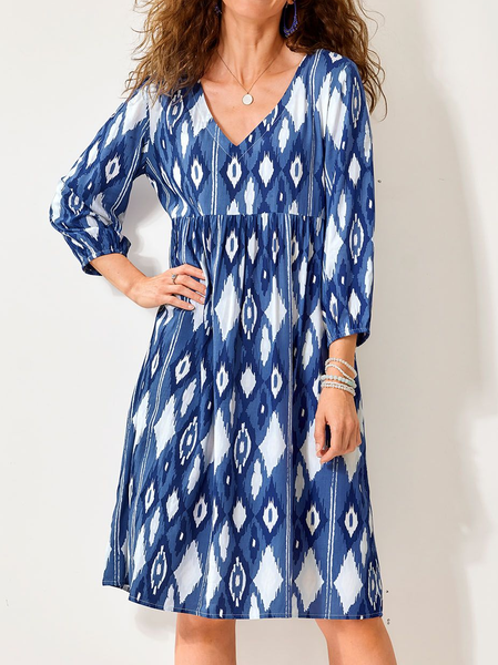 

Geometric Loose Casual V Neck Dress, Blue, Dresses