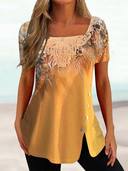 

Women Short Sleeve Square Neck Floral Printed Lace Top, Yellow, T-Shirts