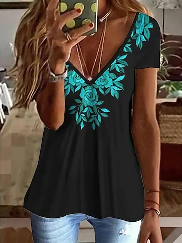 

Casual Floral V Neck T-Shirt, Black, T-Shirts