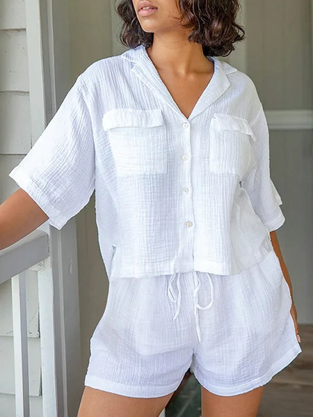 

Casual Lapel Collar Loose Two-Piece Set, White, Suits