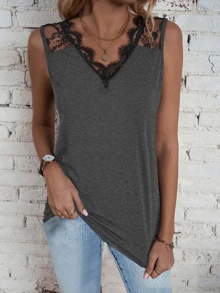 

Lace Casual Loose Plain Tank Top, Gray, Tanks & Camis