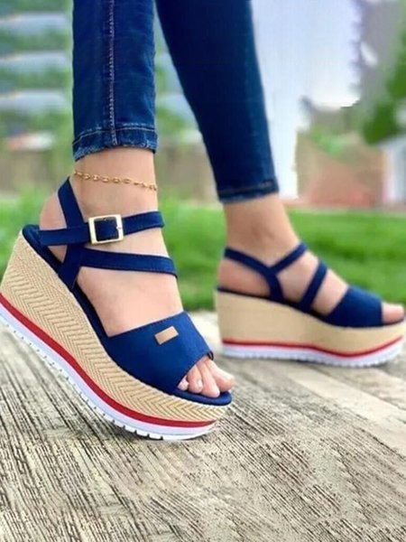 

Platform Wedge Strap Sandals, Blue, Sandals