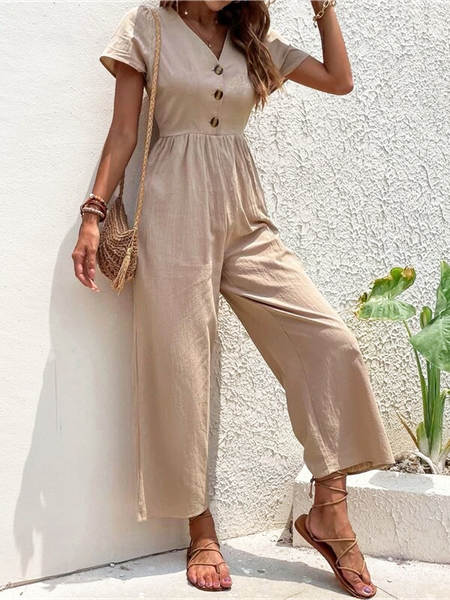 Cotton And Linen Linen Loose Jumpsuit, Khaki, Jumpsuits＆Rompers