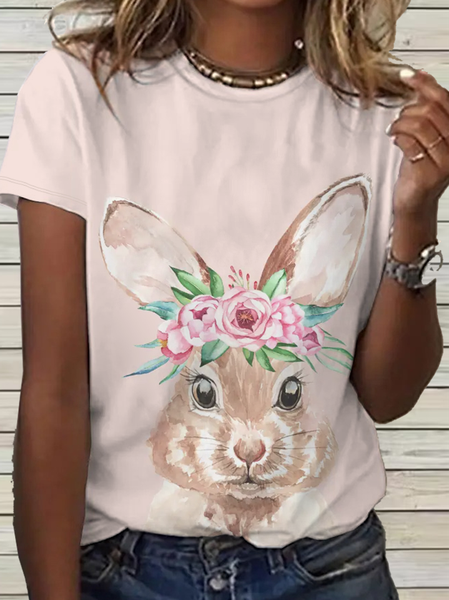 

Women's Rabbit Loose Simple Crew Neck Easter T-Shirt, Pink, T-shirts