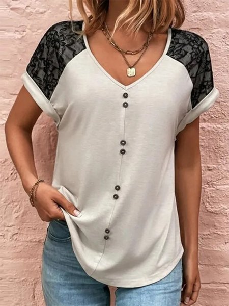 

Lace V Neck Casual Loose T-Shirt, Apricot, T-Shirts