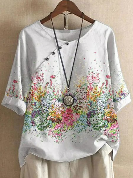 

Floral Casual Buttoned Loose Shirt, White, Clothing