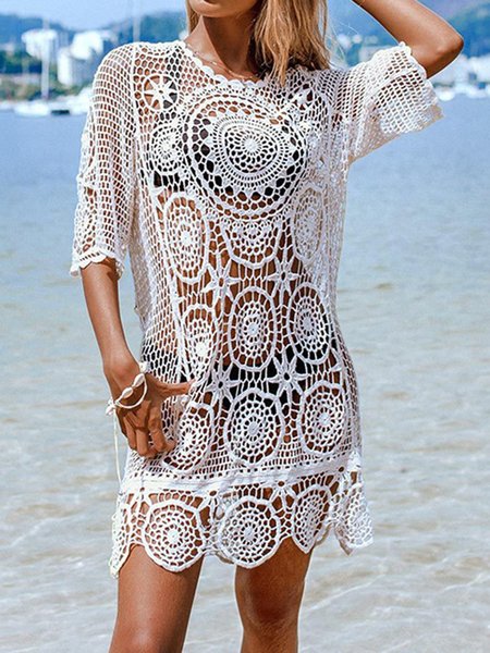 

Plain Lace Vacation Coverup, Beige, swimwear>>Cover Ups