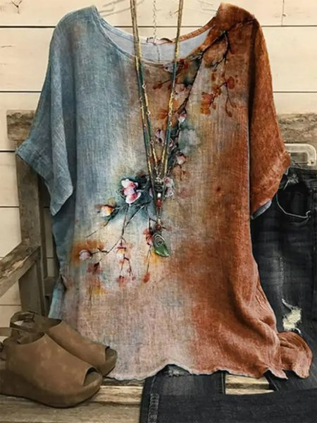 

Linen Floral Loose Crew Neck Shirt, Rust, Shirts & Blouses