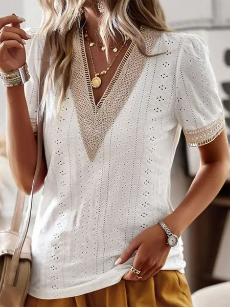 

V-neck Casual Loose Jacquard Hollow Short-sleeved Blouse, White, Tees & T-shirts
