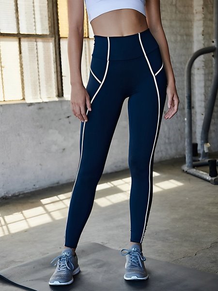 

Tight Color Block Casual Mid Waist Joggers, Deep blue, Pants