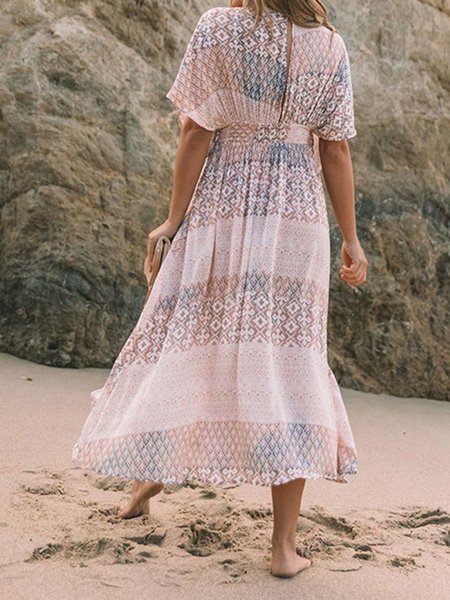 

Ethnic Printing Vacation V Neck Coverup, White, swimwear>>Cover Ups