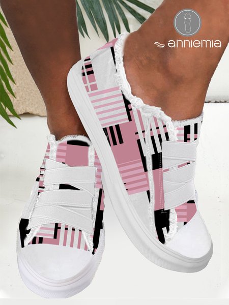 

Comfortable Lightweight Soft Sole Pink Geometric Check Adjustable Elastic Band Canvas Shoes, Sneakers