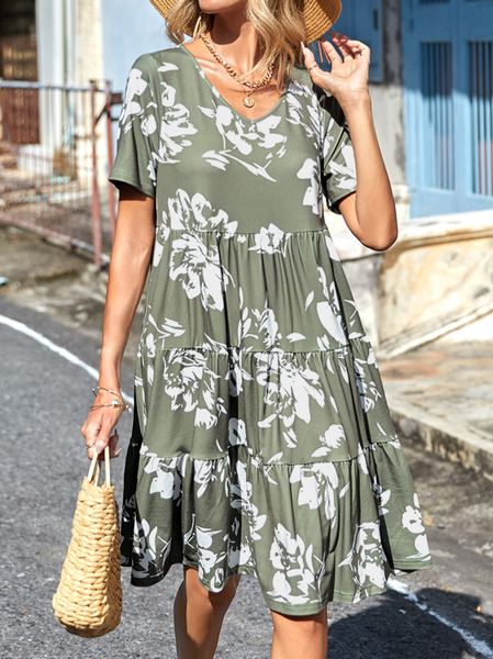 

V Neck Loose Casual Floral Dress, Green, Dresses