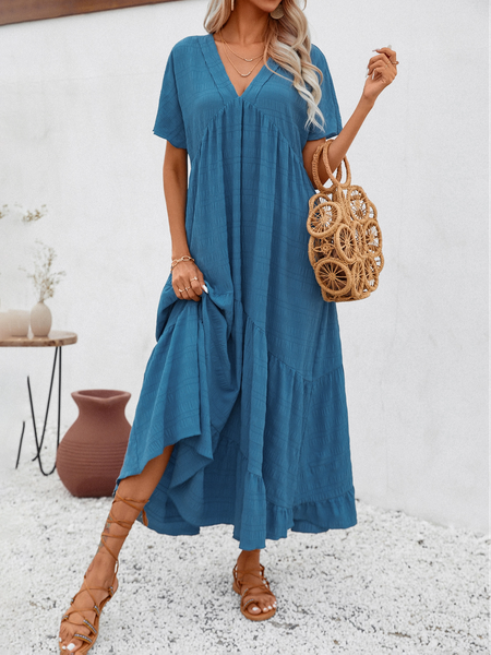 

Casual Loose Plain V Neck Dress, Blue, Dresses