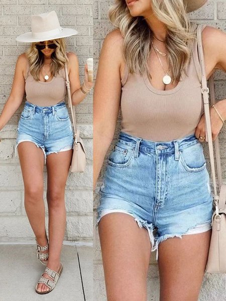 

Casual Loose Plain Denim Denim Shorts, Blue, Shorts