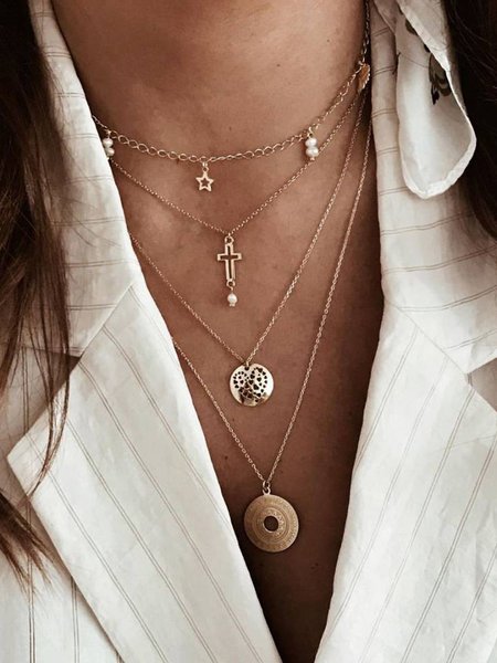 Casual Cross Cherish Layered Necklace Boho Vacation Jewelry, Golden, Necklaces