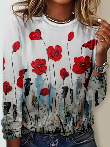 

Women‘s Simple Crew Neck Floral Long Sleeve Shirt, Red, Long sleeves