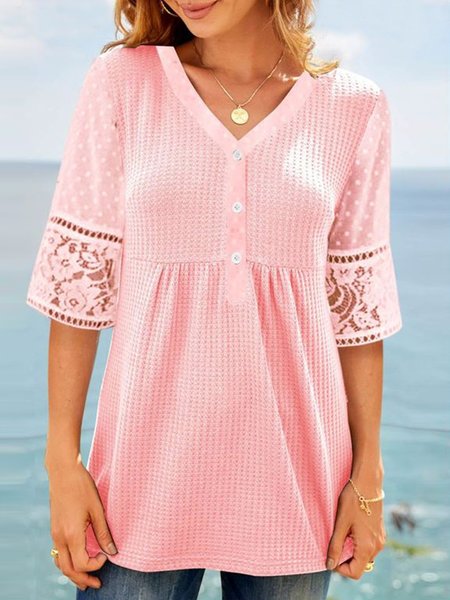 

Lace Plain Loose Elegant Shirt, Pink, Shirts & Blouses