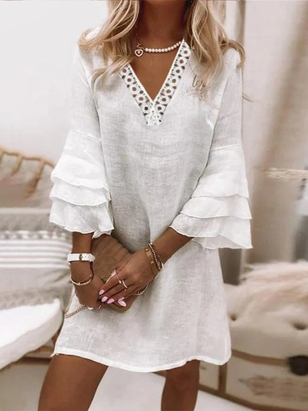 

Ruffle Three Quarter Sleeve V Neck Hollow Out Lace Vacation White Dress, Mini Dresses