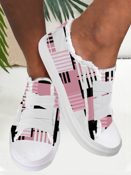 

Comfortable Lightweight Soft Sole Pink Geometric Check Adjustable Elastic Band Canvas Shoes, Sneakers