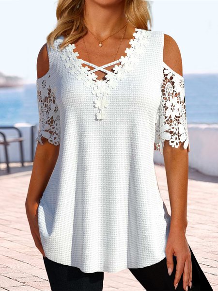 

Plain Regular Fit V Neck Lace Simple Shirt, White, Shirts & Blouses