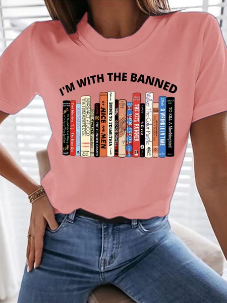 

Women's I'm With The Banned Library For Book Lovers Funny Graphic Printing Text Letters Casual Cotton Loose T-Shirt, Pink, T-shirts