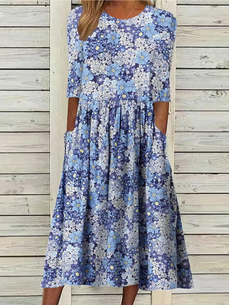 

Vacation Knitted Crew Neck Floral Dress, Blue, Dresses