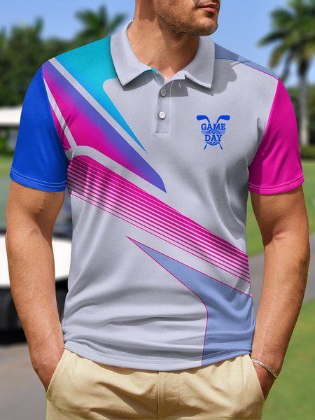 

Ombre Geometric Button Short Sleeve Golf Polo Shirt, Light gray, Polo Shirts