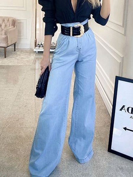 

Plain Casual Regular Fit Micro-Elasticity Jeans, Blue, Jeans