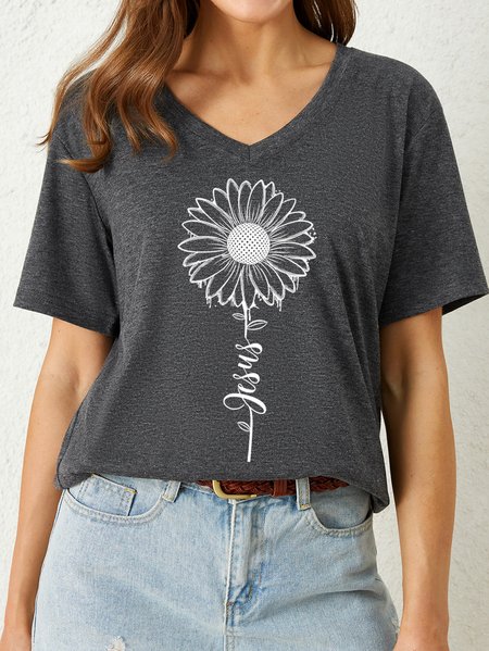 

Lilicloth X Ana Sunflower With Jesus Women's V Neck T-Shirt, Gray, T-shirts