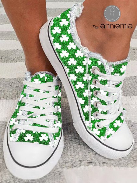 

Shamrock Print Fringe Hem Canvas Shoes, Green, Sneakers