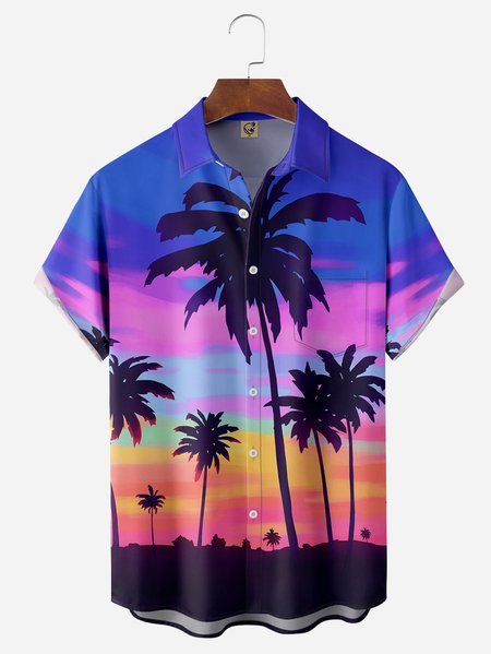 

Coconut Tree Chest Pocket Short Sleeve Hawaiian Shirt, Blue, Men Shirts