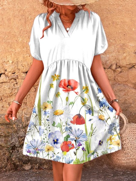

Loose V Neck Floral Casual Dress, White, Dresses