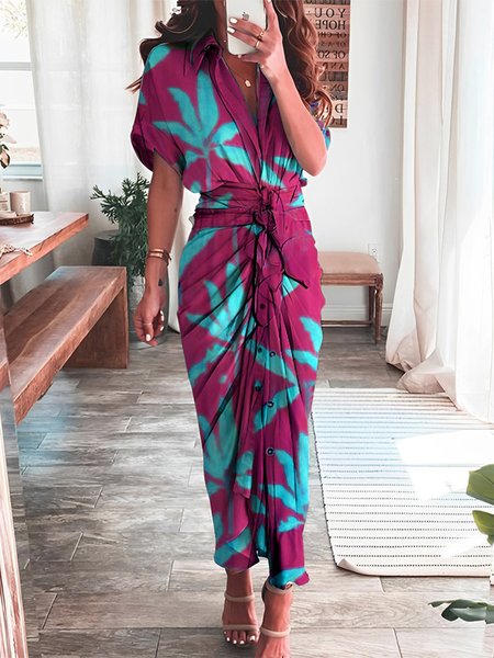 

Shirt Collar Plants Vacation Regular Fit Midi Dress, Deep pink, Midi Dresses