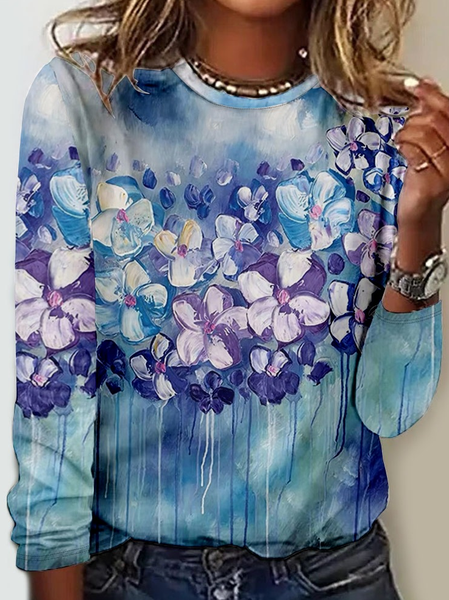 

Women's Floral Crew Neck Simple Shirt, Blue, Long sleeves