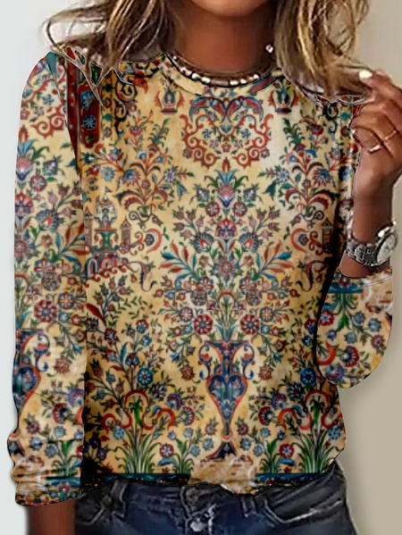 

Women's Vintage Ethnic Casual Crew Neck Shirt, Yellow, Long sleeves