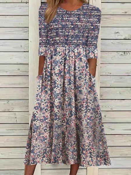 

Casual Loose Knitted Disty Floral Dress, As picture, Dresses
