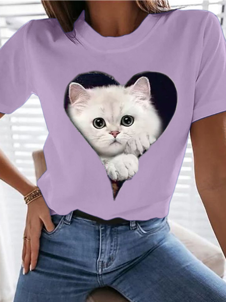 

Women's Cat Lover Crew Neck Cotton Casual T-Shirt, Purple, T-shirts