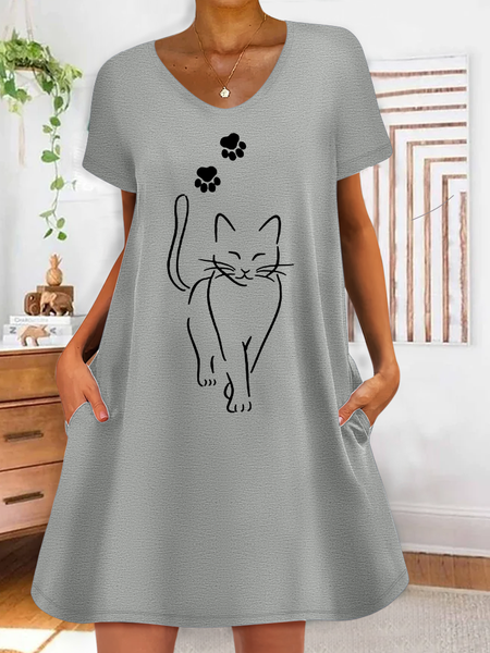 

Women's Funny Cat V Neck Casual Dress, Gray, Dresses