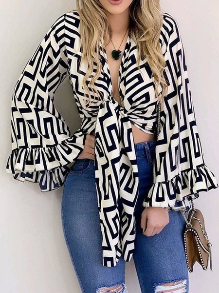 

Long sleeve V Neck Geometric Elegant Kimono, Black, Others