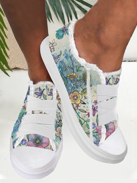 

Comfortable Lightweight Soft Sole Retro Colorful Floral Adjustable Canvas Shoes, As picture, Sneakers