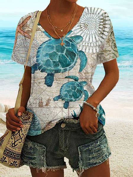 

V Neck Casual Loose Marine Life T-Shirt, Blue, T-Shirts