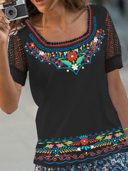 

Loose Ethnic Ethnic Split Joint Shirt, Black, Shirts & Blouses