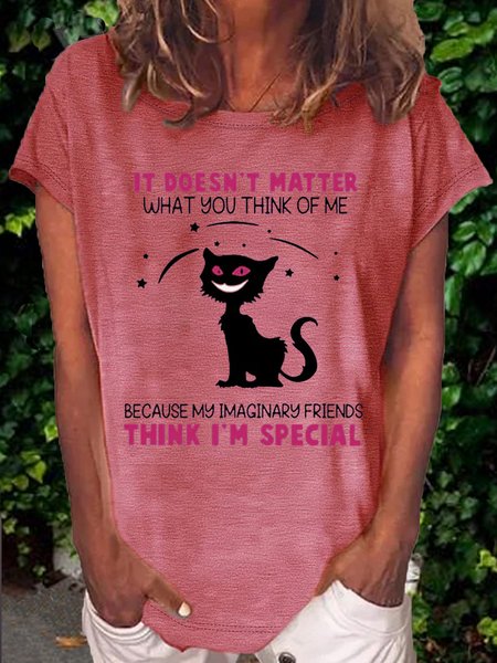 

Women's It Doesn't Matter What You Think Of Me Cat Print Casual Letters T-Shirt, Pink, T-shirts