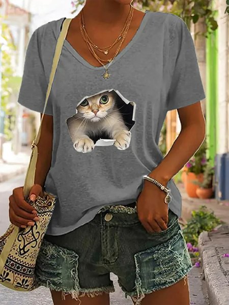 

Loose Casual V Neck Cat T-Shirt, Gray, T-Shirts