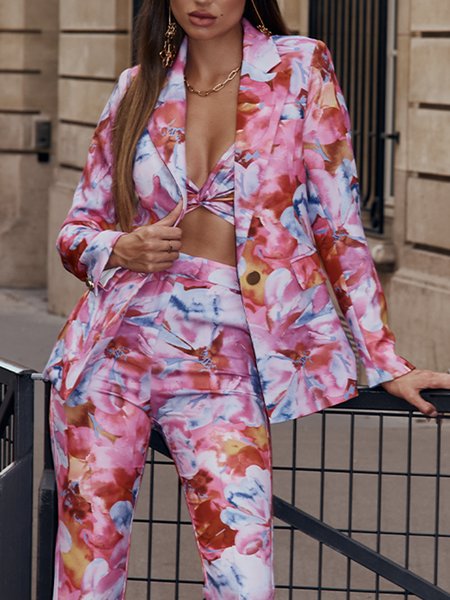

Floral Elegant Lapel Collar Regular Fit Blazer, Rose red, Blazers