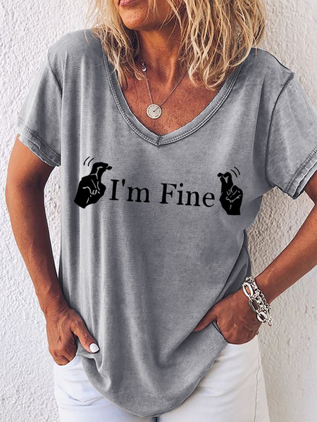 

Women‘s Funny I’m Fine Casual Text Letters Cotton T-Shirt, Gray, T-shirts